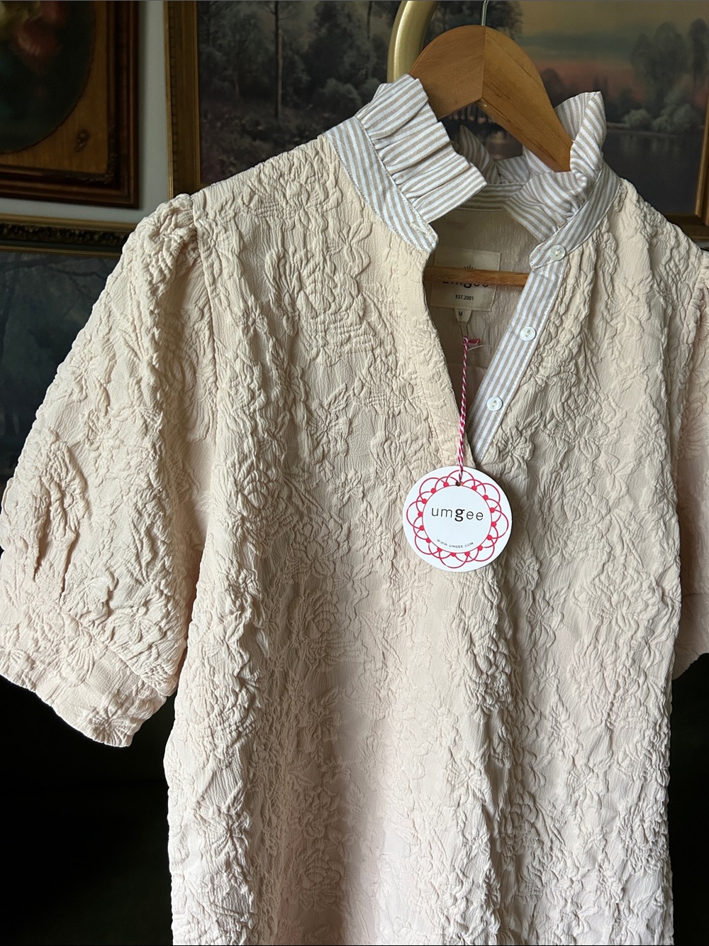 Umgee Cream Floral Textured Short-Sleeve Button-Down Shift Dress